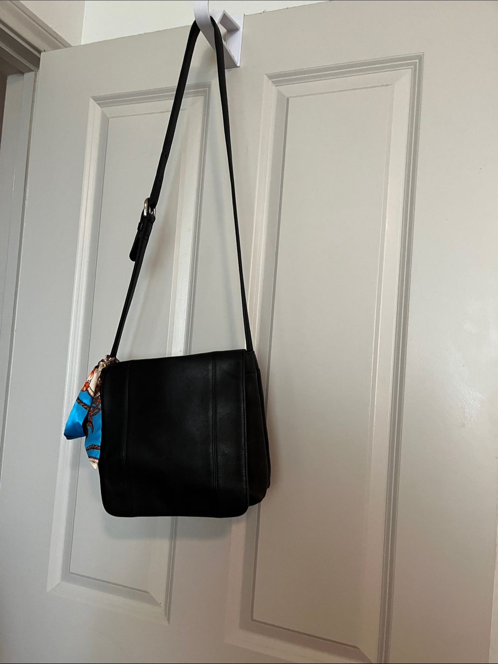 Classic Black Leather Crossbody Bag with Scarf Accent nine W.